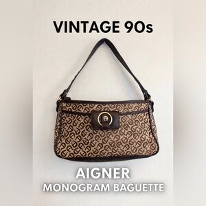 Vintage Etienne Aigner Monogram Baguette Shoulder Bag Brown Canvas Leather Trim